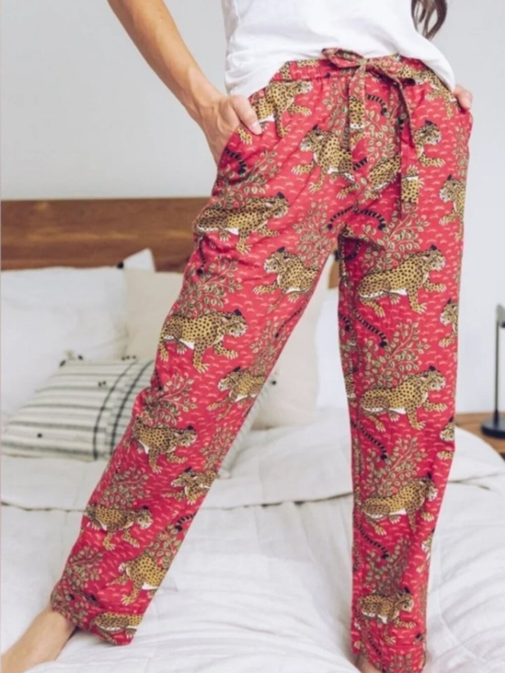 Printfresh Long PJ Pants Bagheera Muted Red Multi Leopard 100% organic cotton XL